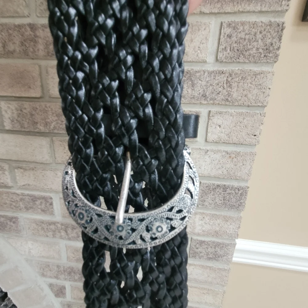 Moda International Black Leather Boho Braided Belt w/Intricate Silver Buckle L